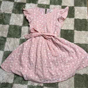 Aura Pink Dress with White Floral Pattern pockets with adjustable waist tie